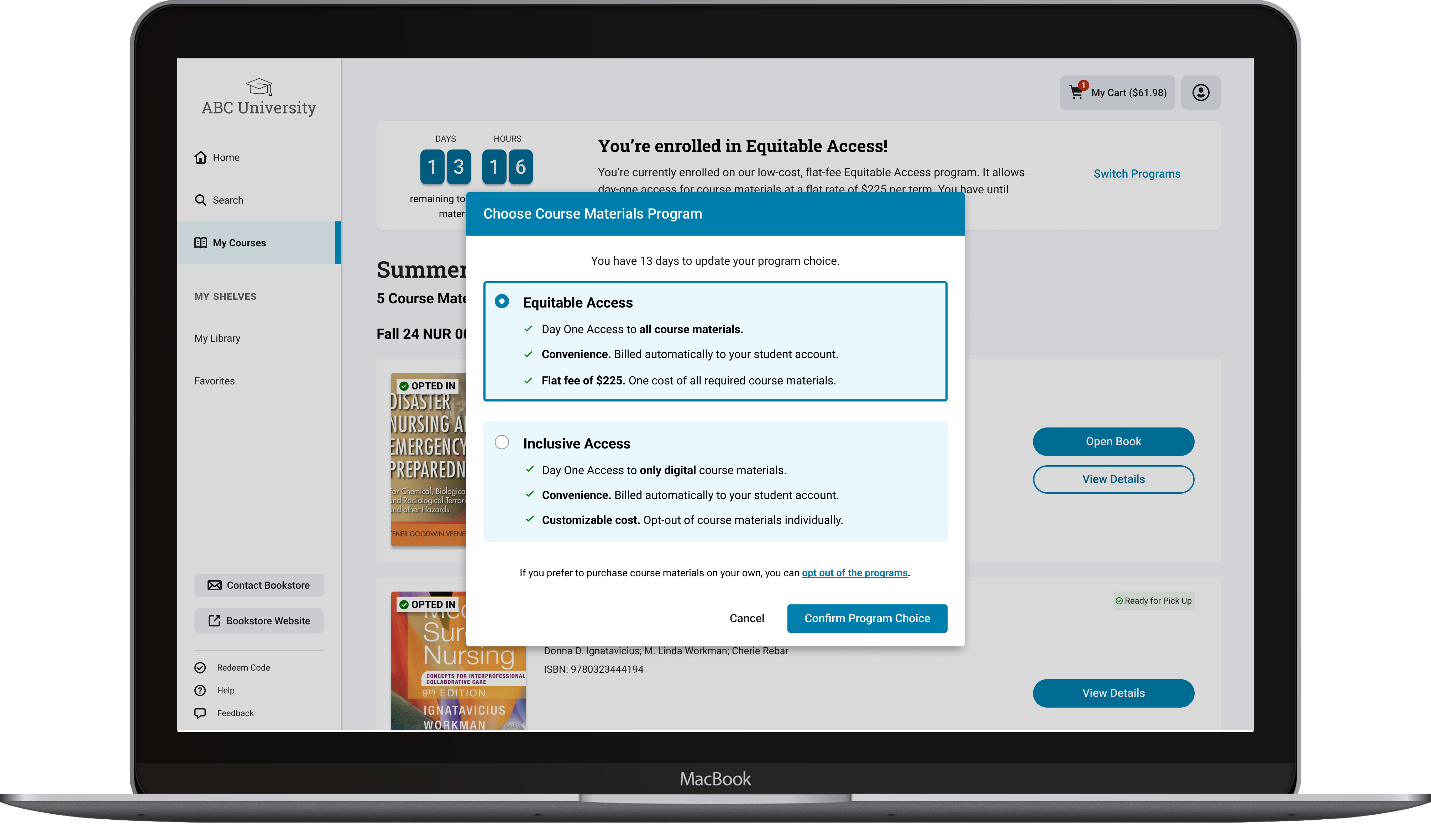 An example of a university's Flexible Access webpage, showcasing the ability to select an Inclusive Access Course Materials Program or an Equitable Access Course Materials Program, shown on a laptop screen